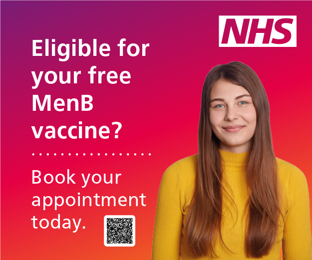Image a girl with long brown hair and a yellow top standing in front of a purple to pink gradient with text next to her promoting the MenB vaccination campaign.